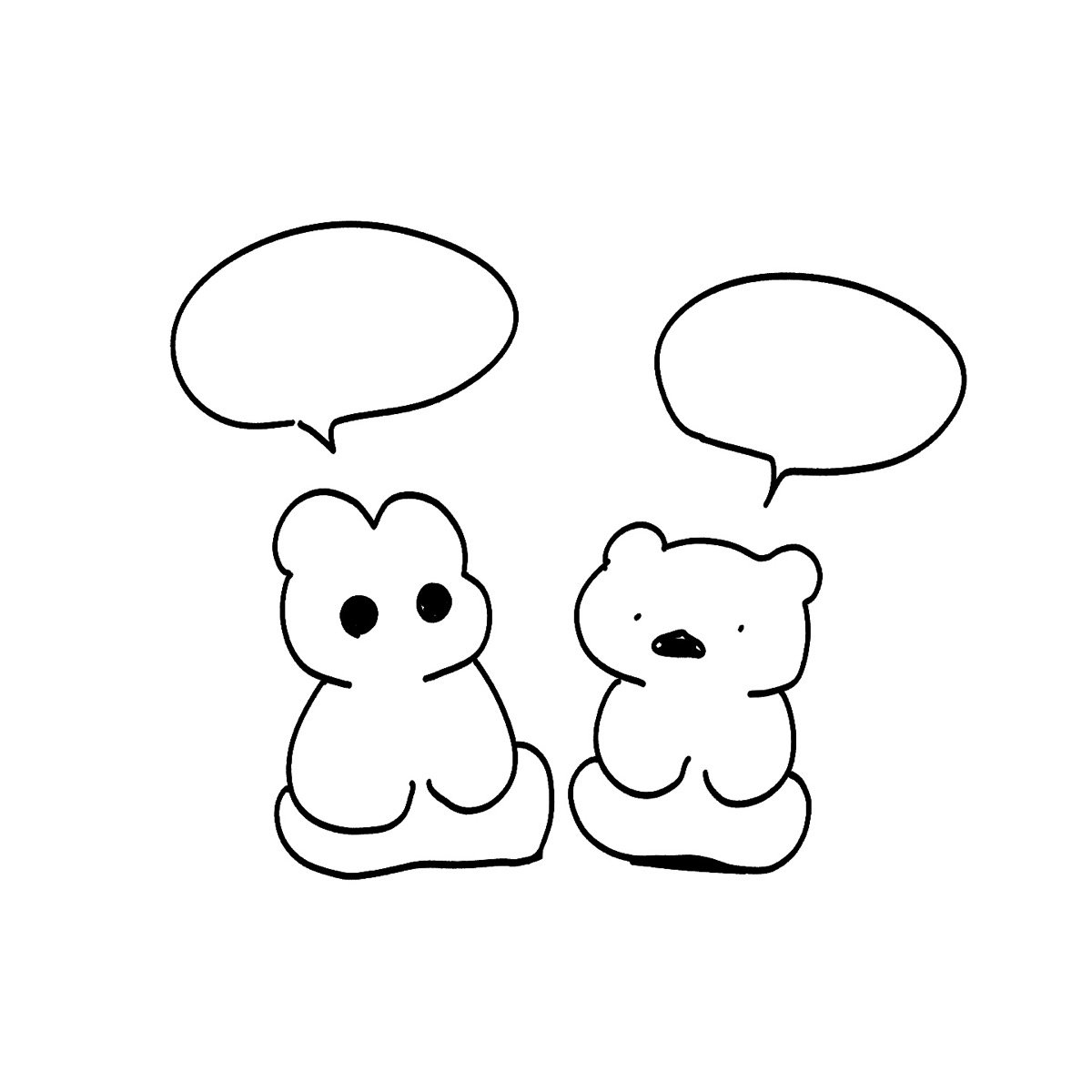 말풍선을 띄우고 마주 앉아 대화하는 토끼와 곰 그림